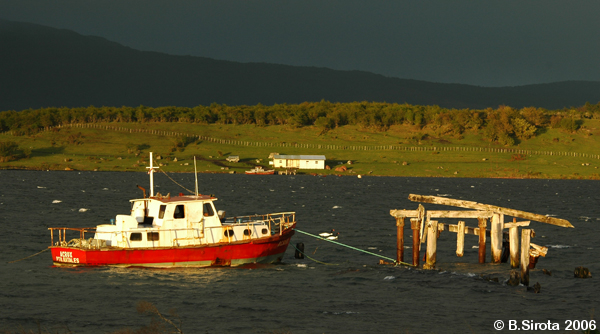 Boat in Skyring sound, Puerto Natales