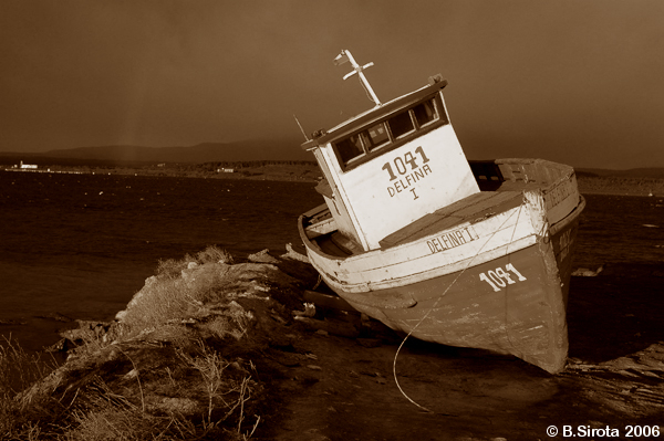 Boat in Skyring sound, Puerto Natales